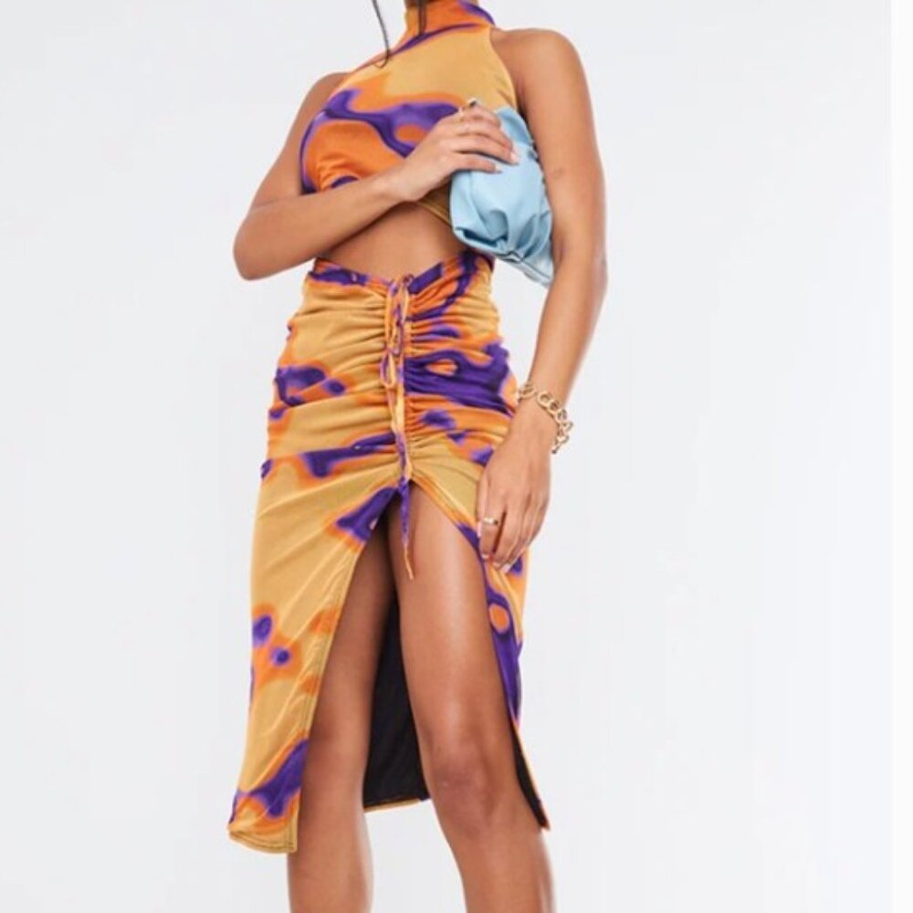 NWT PRETTYLITTLETHING  Orange Tie Dye Midi Dress with Ruched Skirt, Size 2